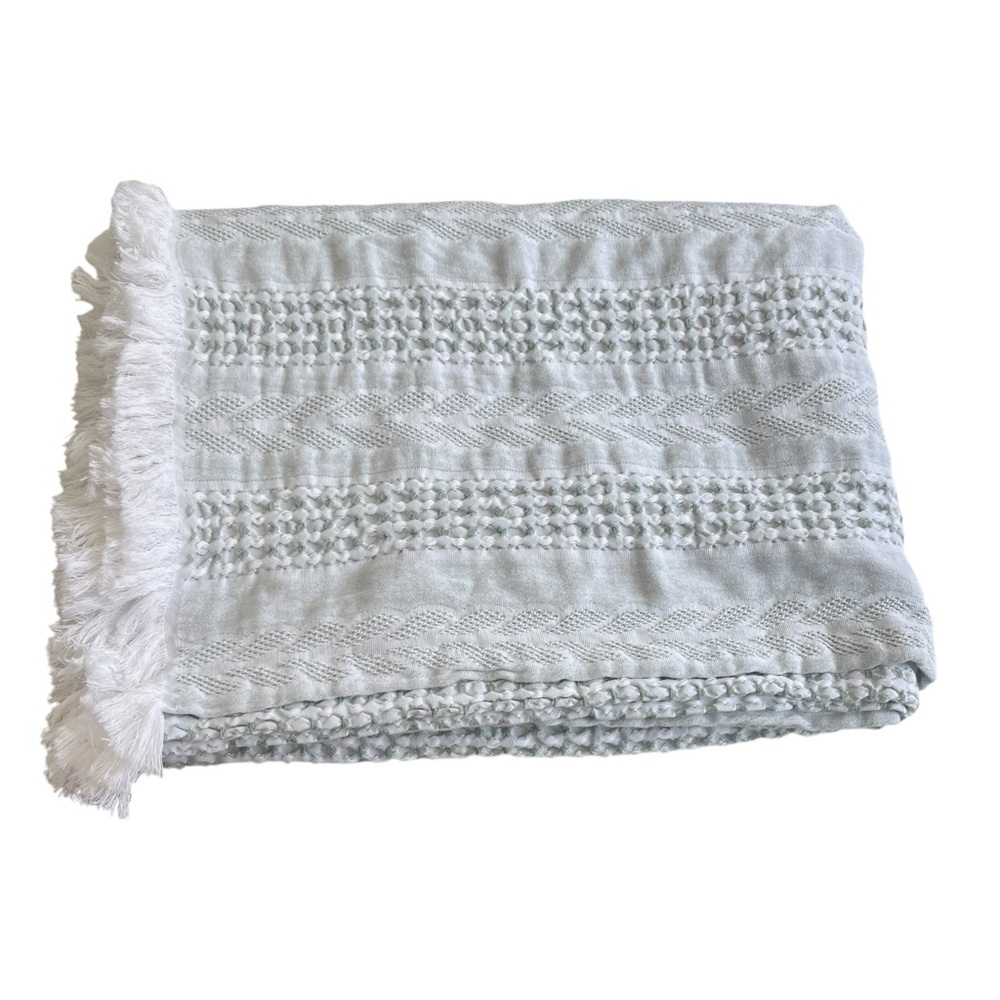 Pereira da Cunha 1936 Light Green Cotton Throw Blanket Knit Fringe Trim Portugal